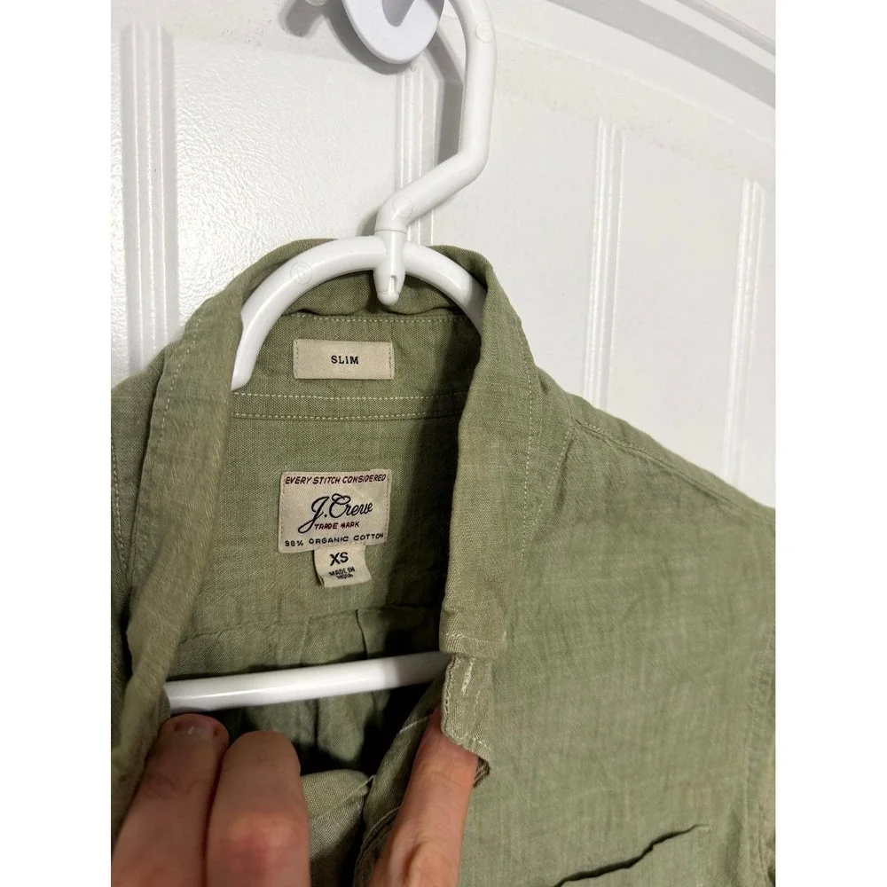 J. Crew Button Down Shirt Mens XS Olive Green Slim Fit Organic Cotton Long Sleev